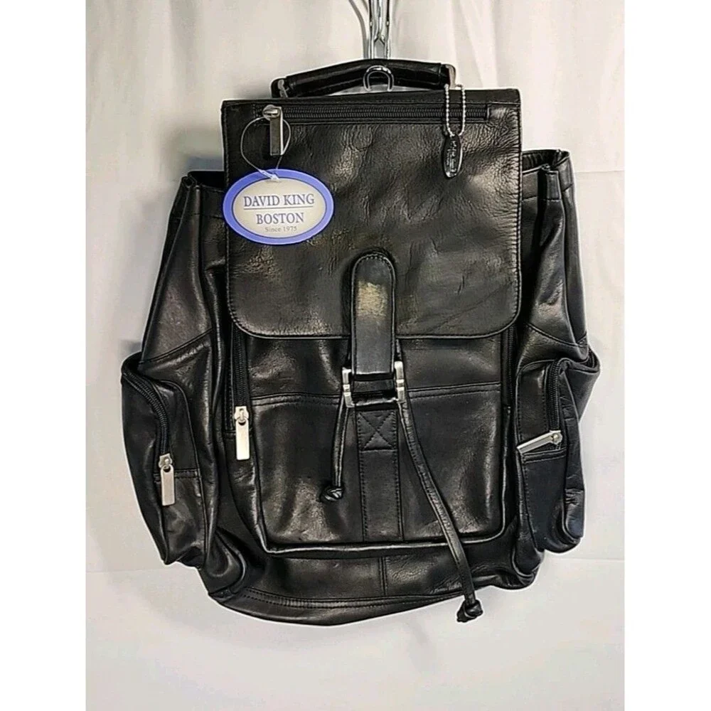 Beautiful David King Boston Soft Black Leather Multi-Pocket Backpack EuC
